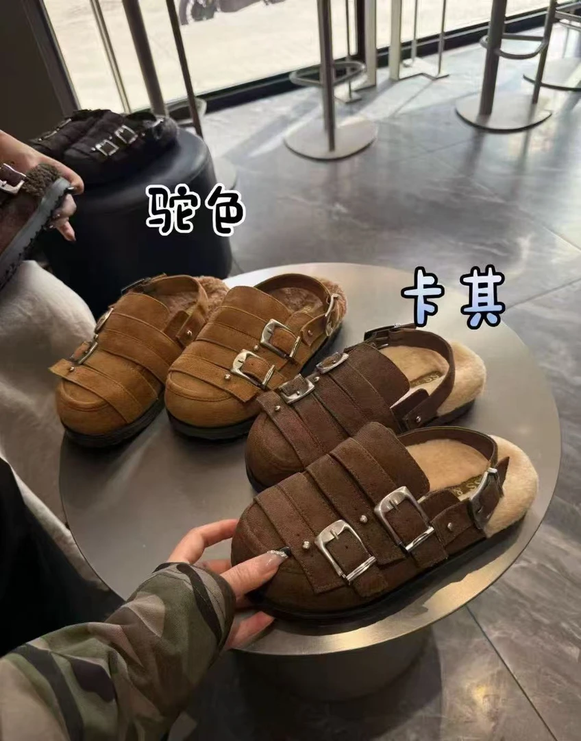 566羊羔毛包头半拖鞋女秋冬新款厚底勃肯鞋毛毛
