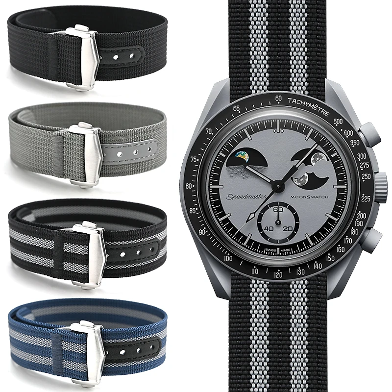 适配斯沃琪omega欧米茄联名史努比行星透气尼龙帆布折叠扣手表带