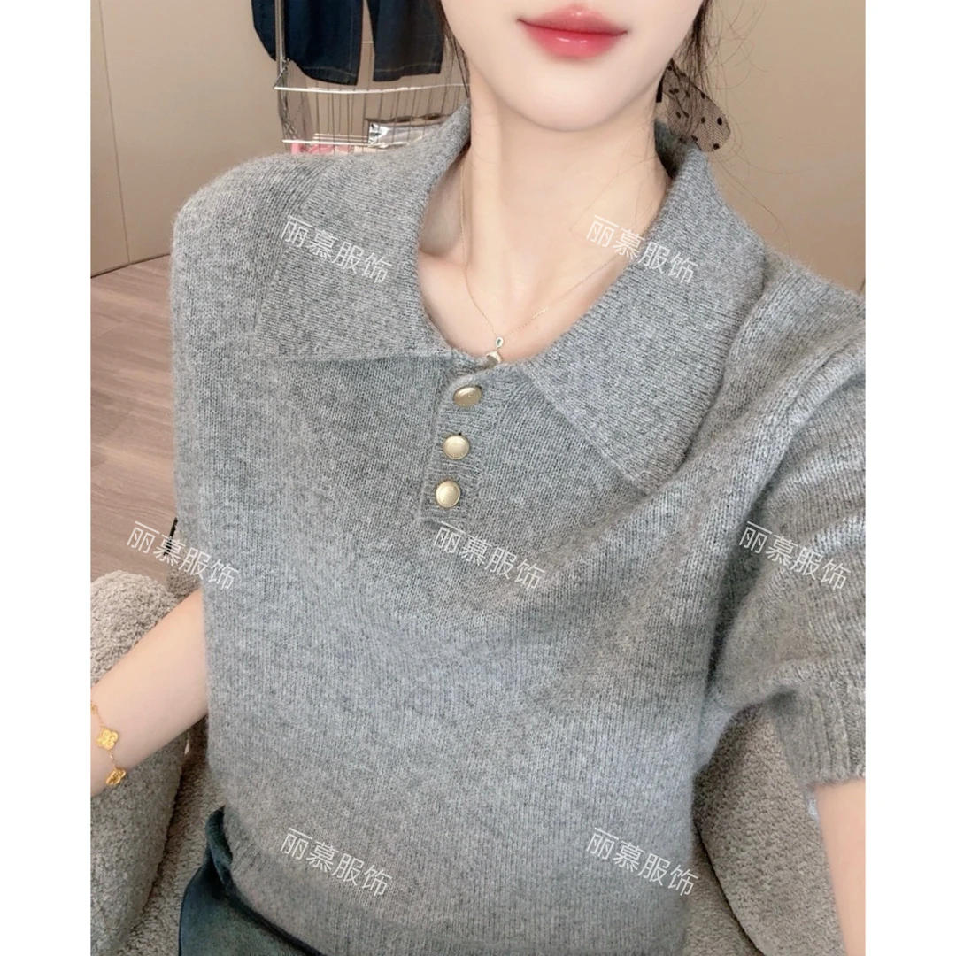 【铜扣翻领短袖】纯色三粒扣翻领POLO衫短袖针织衫1306