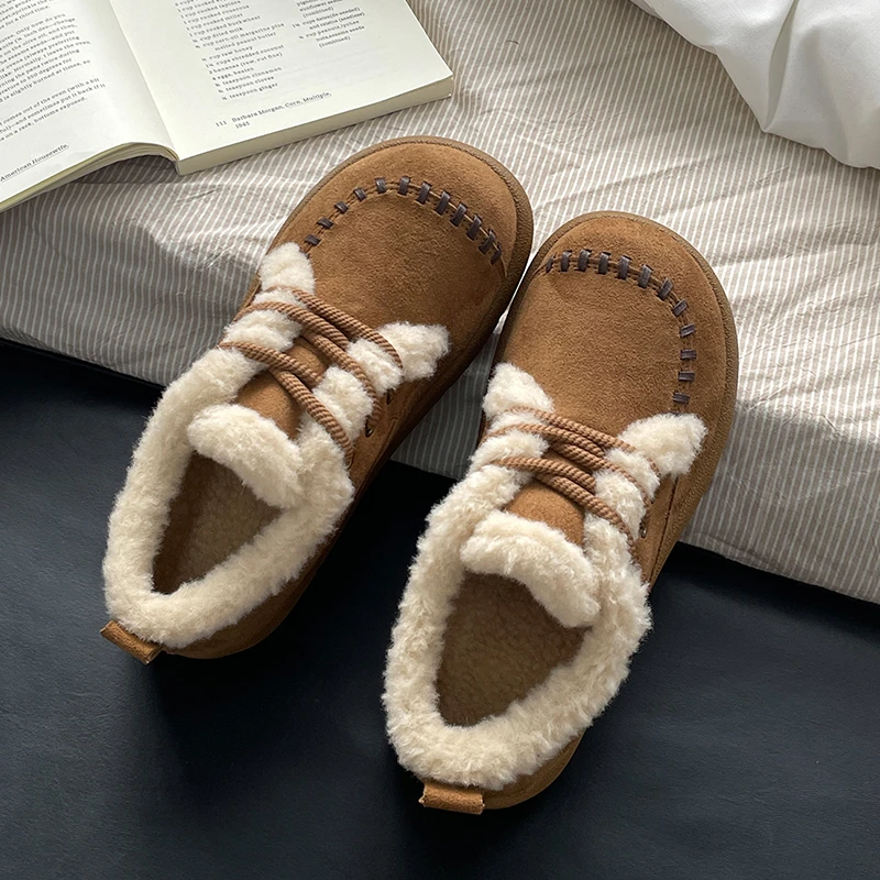 驼色芒果头加绒棉鞋女2025冬新款软底舒适保暖板鞋学生百搭毛毛鞋