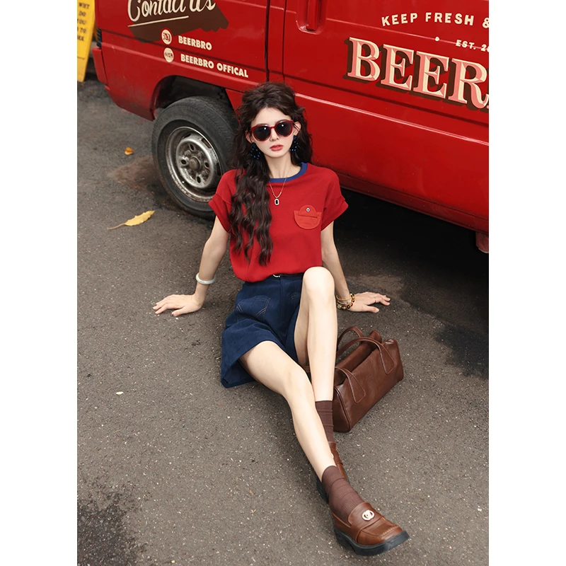 陈大器【桑葚蓝莓】复古红色短袖夏季女T恤宽松休闲上衣JS062489