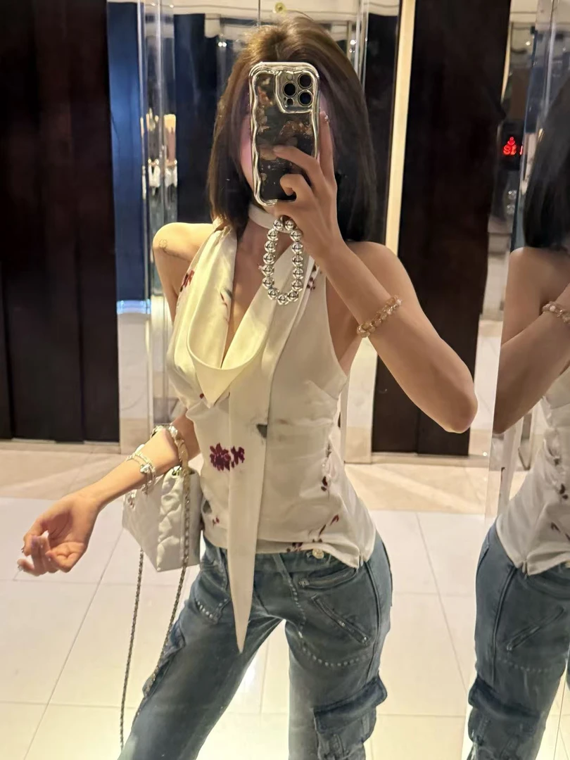 浪漫缎面印花飘带挂脖吊带背心气质优雅别致上衣