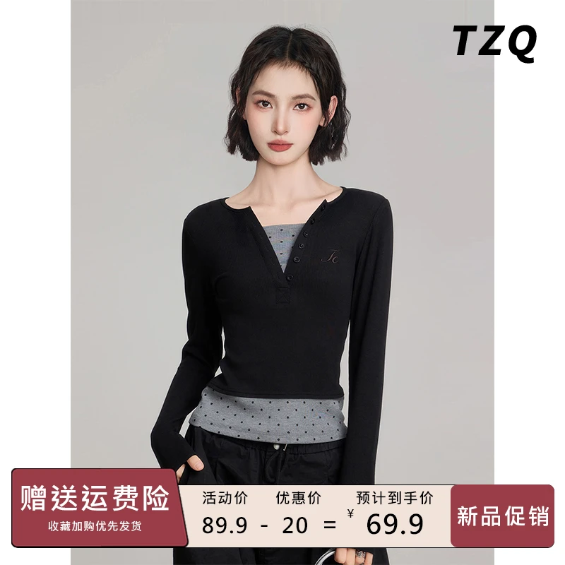 正肩假两件长袖t恤女秋季修身收腰打底衫短款波点上衣TZQ2590737