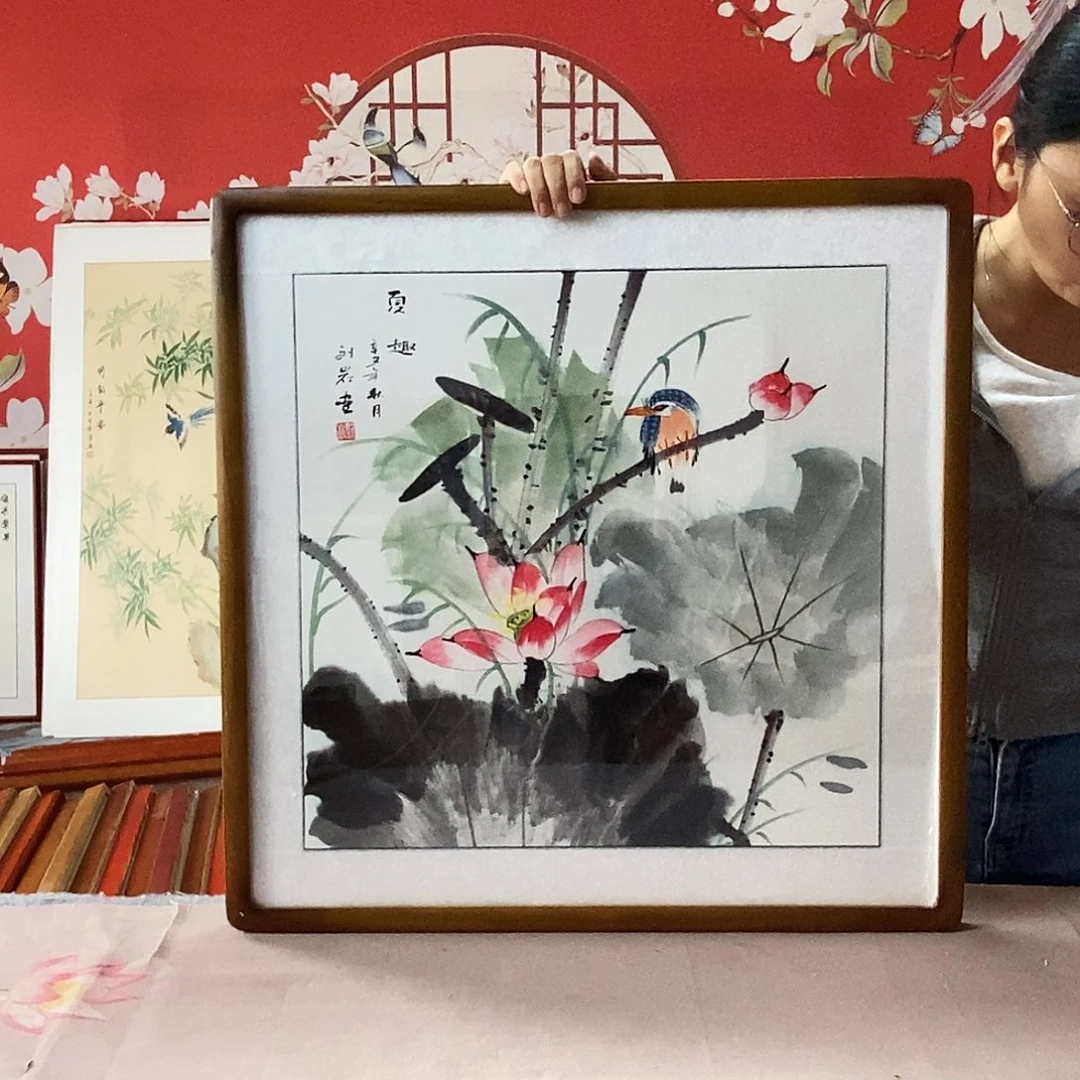 国画手写手绘国画作品带框包邮62✖️62