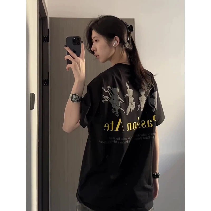 哪吒剪影印花短袖男款夏季潮牌美式小领口正肩t恤重磅设计感半袖