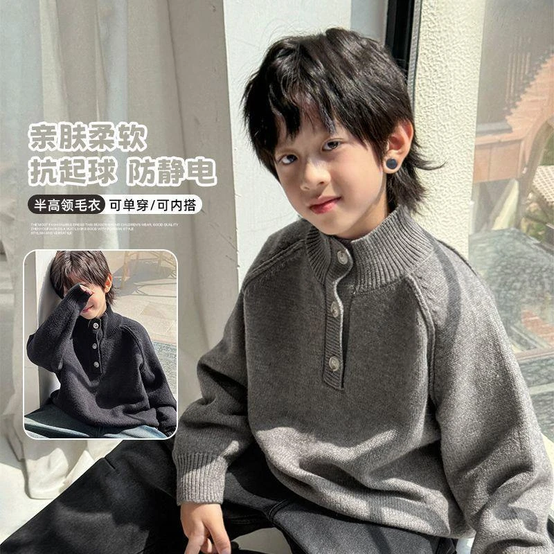 FAVMARTHA半高领毛衣男童秋冬新款儿童冬季儿童秋冬加绒刺绣毛衣