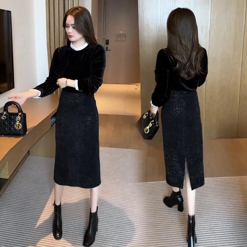 时尚洋气套装女2024春季新款气质丝绒衬衫+亮闪半身裙显瘦两件套