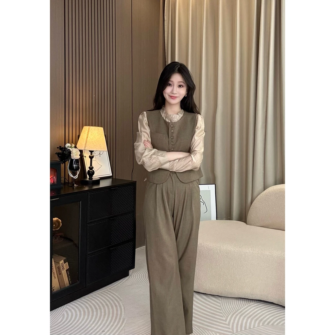 X'XIAO 小香风马甲阔腿长裤三件套女开春2025新款气质高级感套装