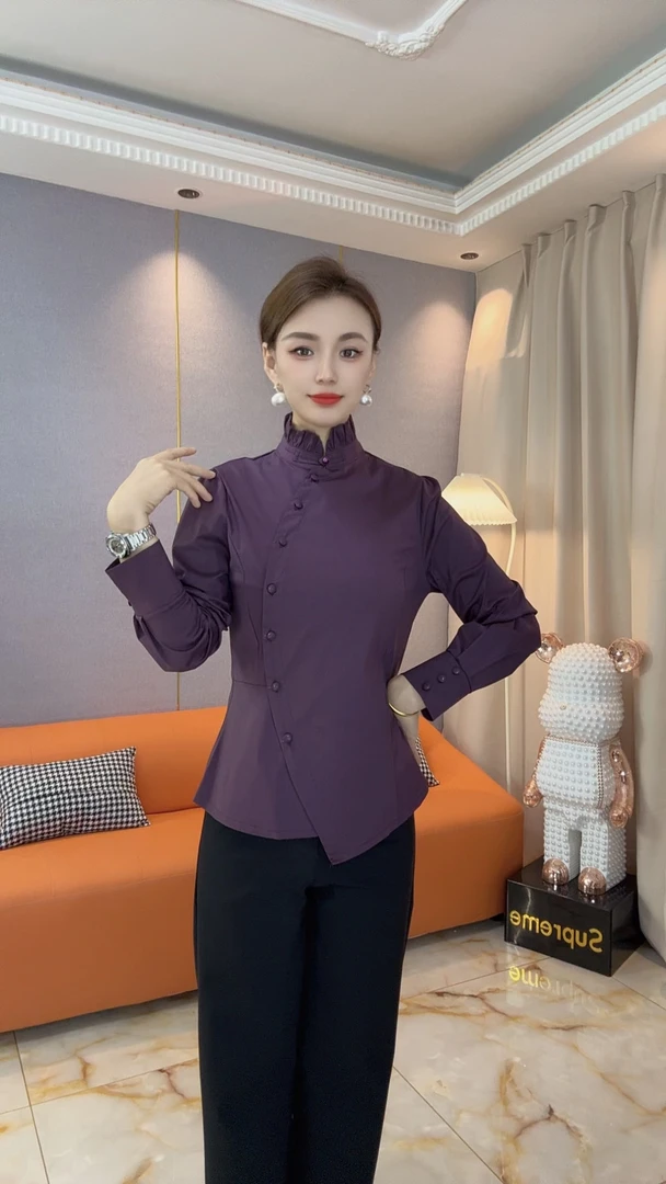 Z1503长袖立领时尚修身显瘦不对称衬衫上衣中国风气质