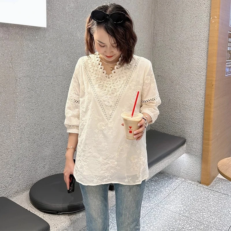短袖衬衫外套女夏季薄款衬衣2025年新款洋气小衫白色刺绣宽松上衣