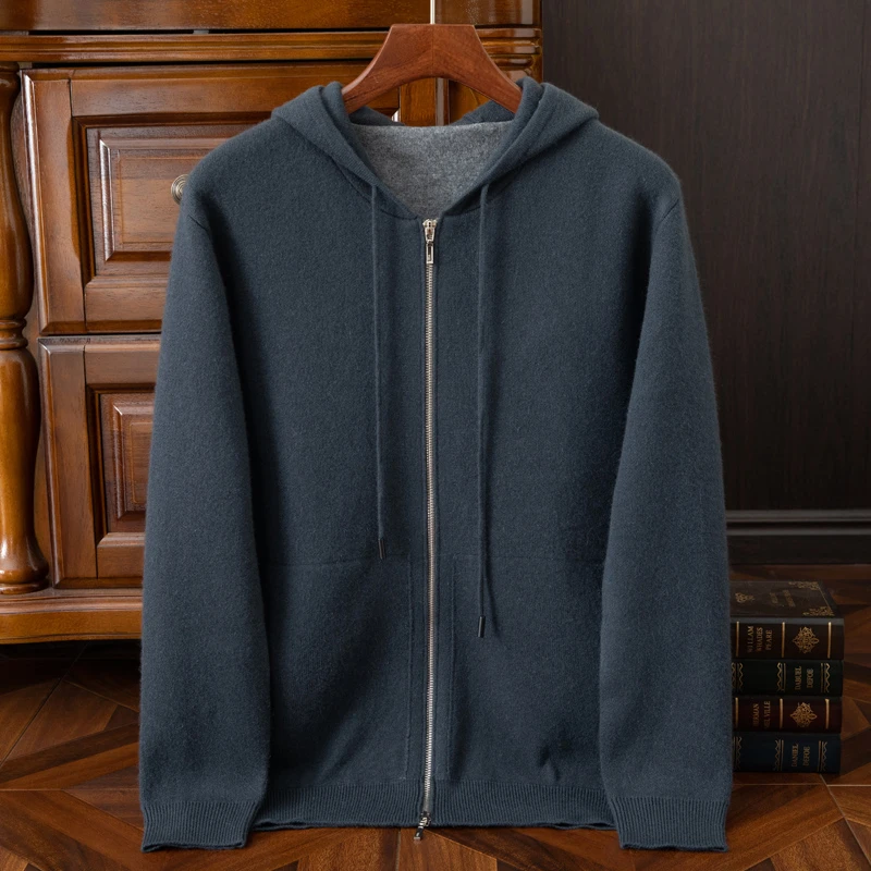 【“双十一”特惠】男士纯山羊绒空气层双拉链头连帽带兜开衫羊绒毛衣