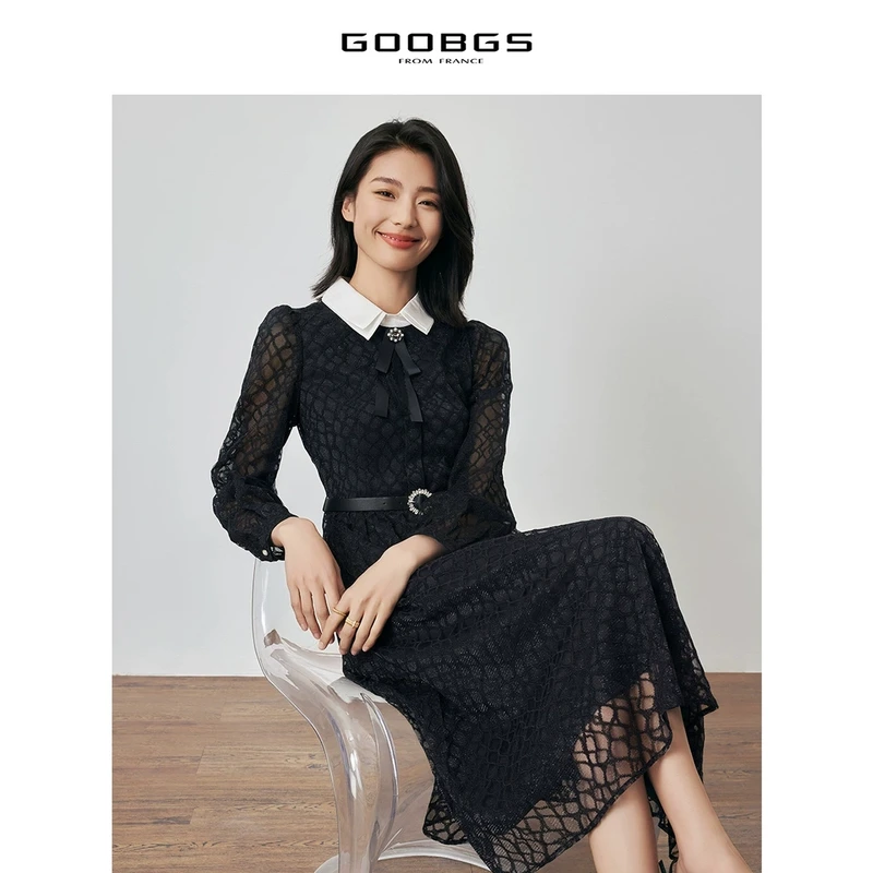 【谷邦L+ 】谷邦GOOBGS 黑色撞色翻领蕾丝连衣裙 G3141509