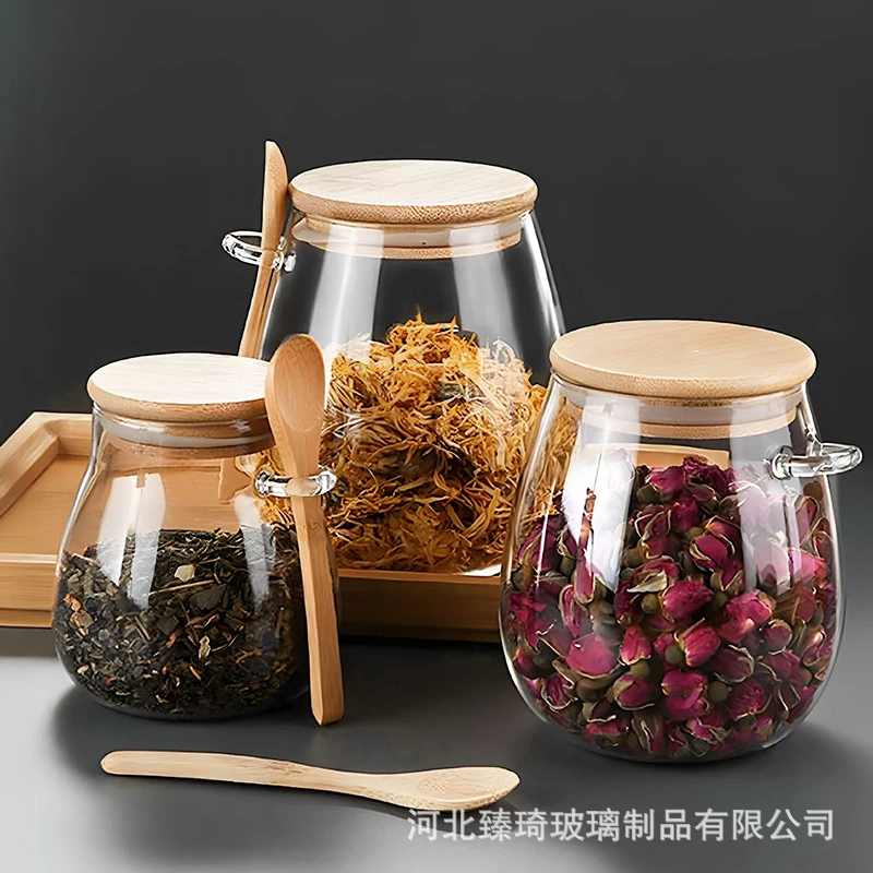 玻璃密封罐透明带勺花茶茶罐家用密封罐五谷杂粮罐子冰糖罐白糖罐