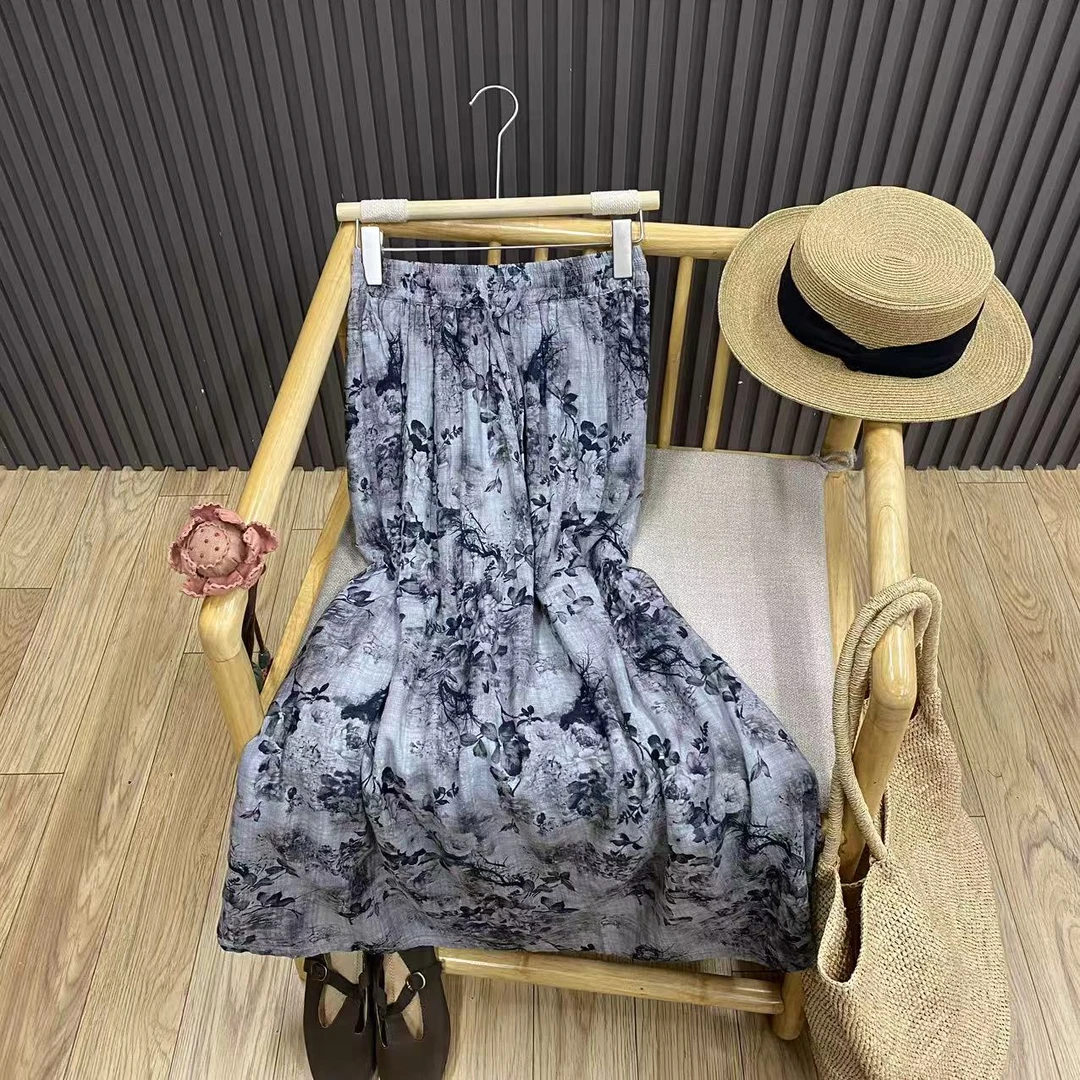 早秋复古文艺印花纯棉半身裙宽松百搭显瘦中长款A字裙女Q25823