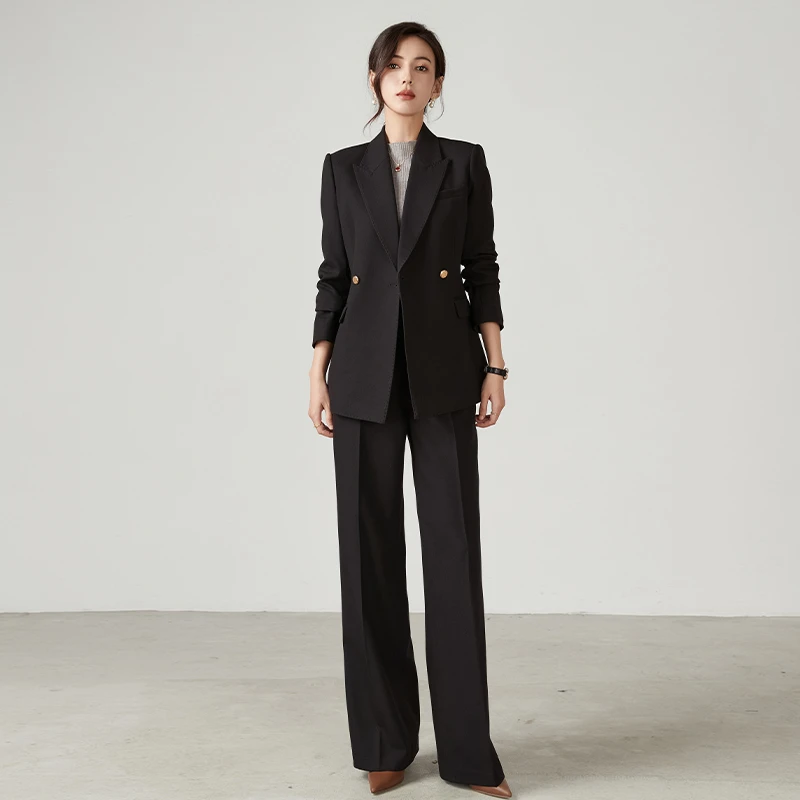 秋冬新款黑色金属扣羊毛呢保暖加厚西装上衣外套宽松直筒裤套装女