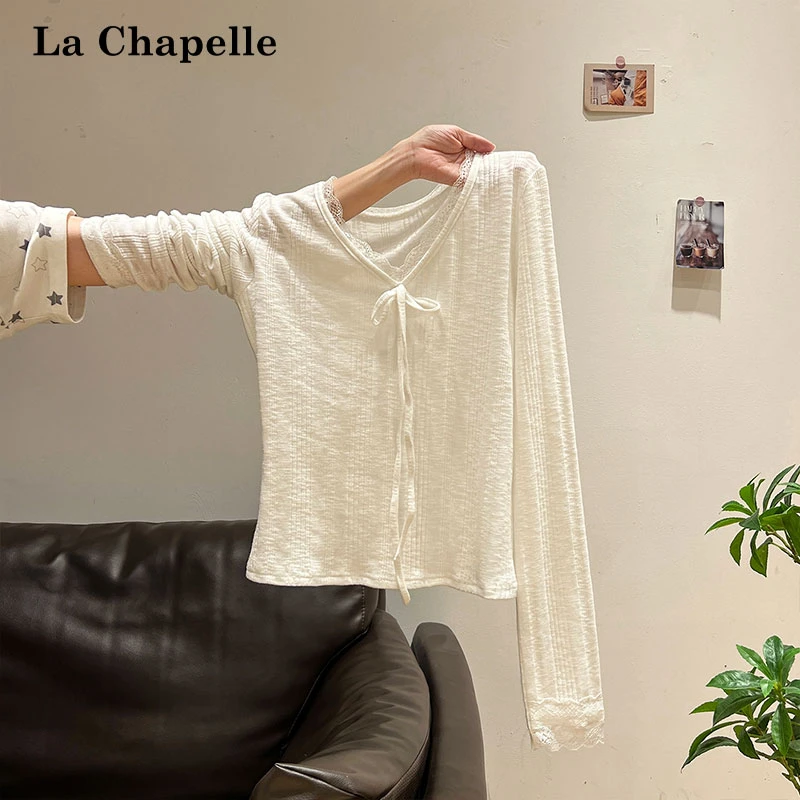 拉夏贝尔白色纯欲风蝴蝶结V领长袖T恤女秋季修身显瘦拼接漂亮上衣