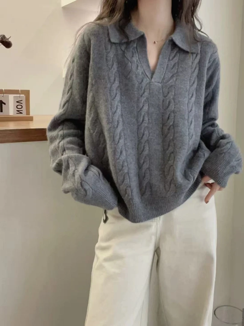 绵羊毛100%翻领小v套头麻花纹毛衣182