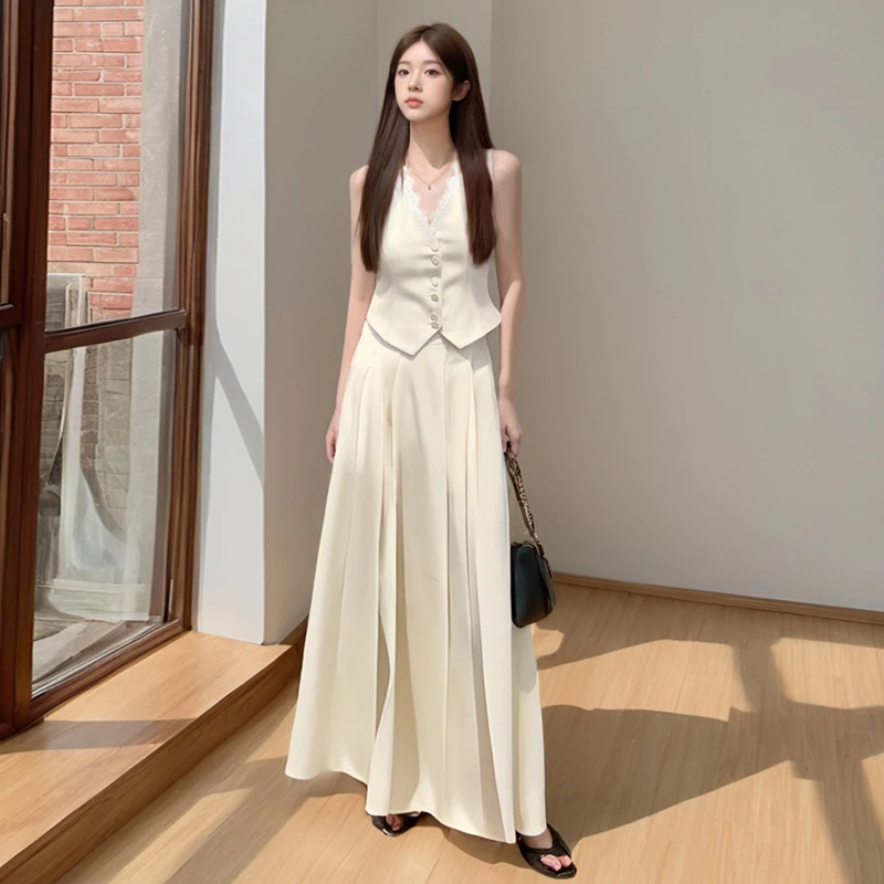 实拍 通勤气质简约蕾丝V领单排扣西装上衣中长款百褶半身裙两件套