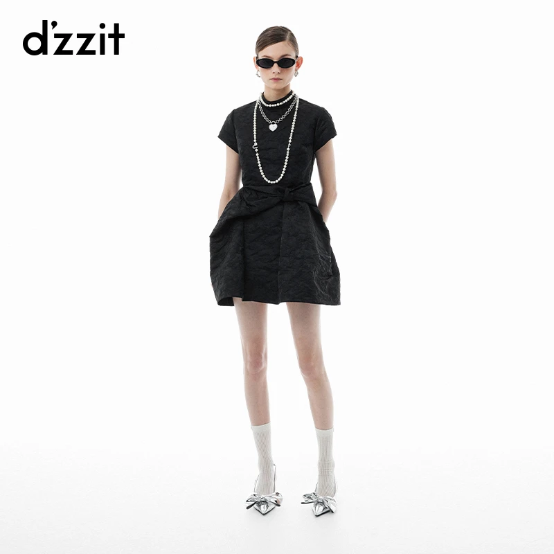 dzzit地素连衣裙新中式暗纹提花黑色短袖旗袍雅丹风3I3O421