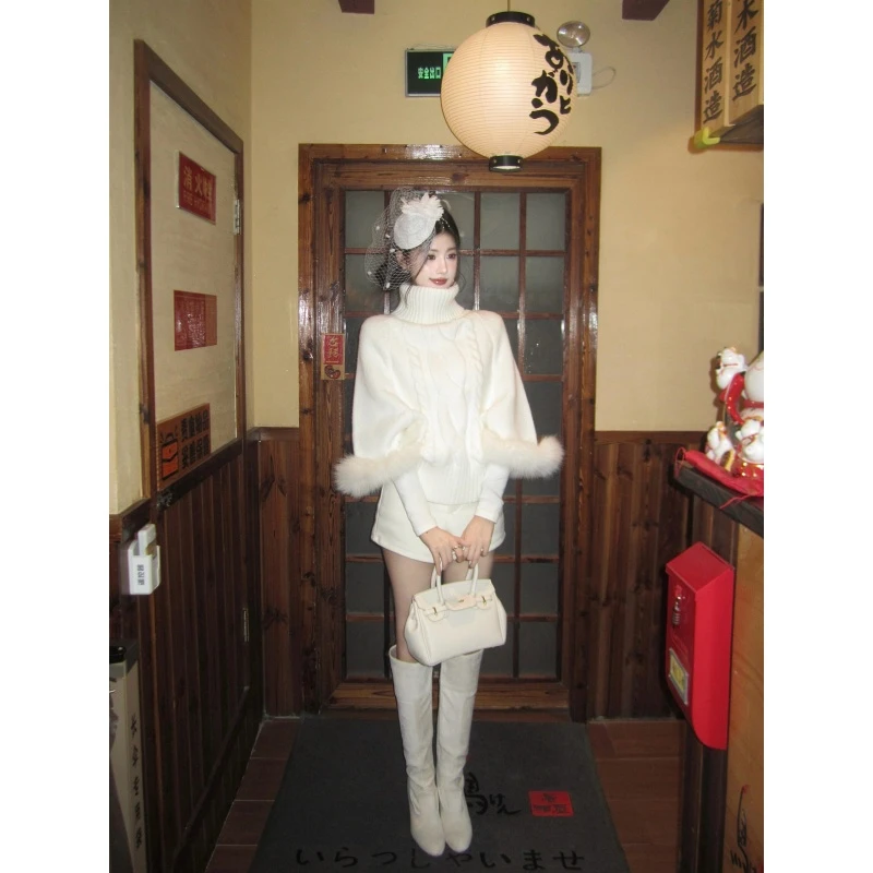 复古洋气高领麻花纹拼接保暖针织衫2025冬季新款宽松百搭休闲短裤