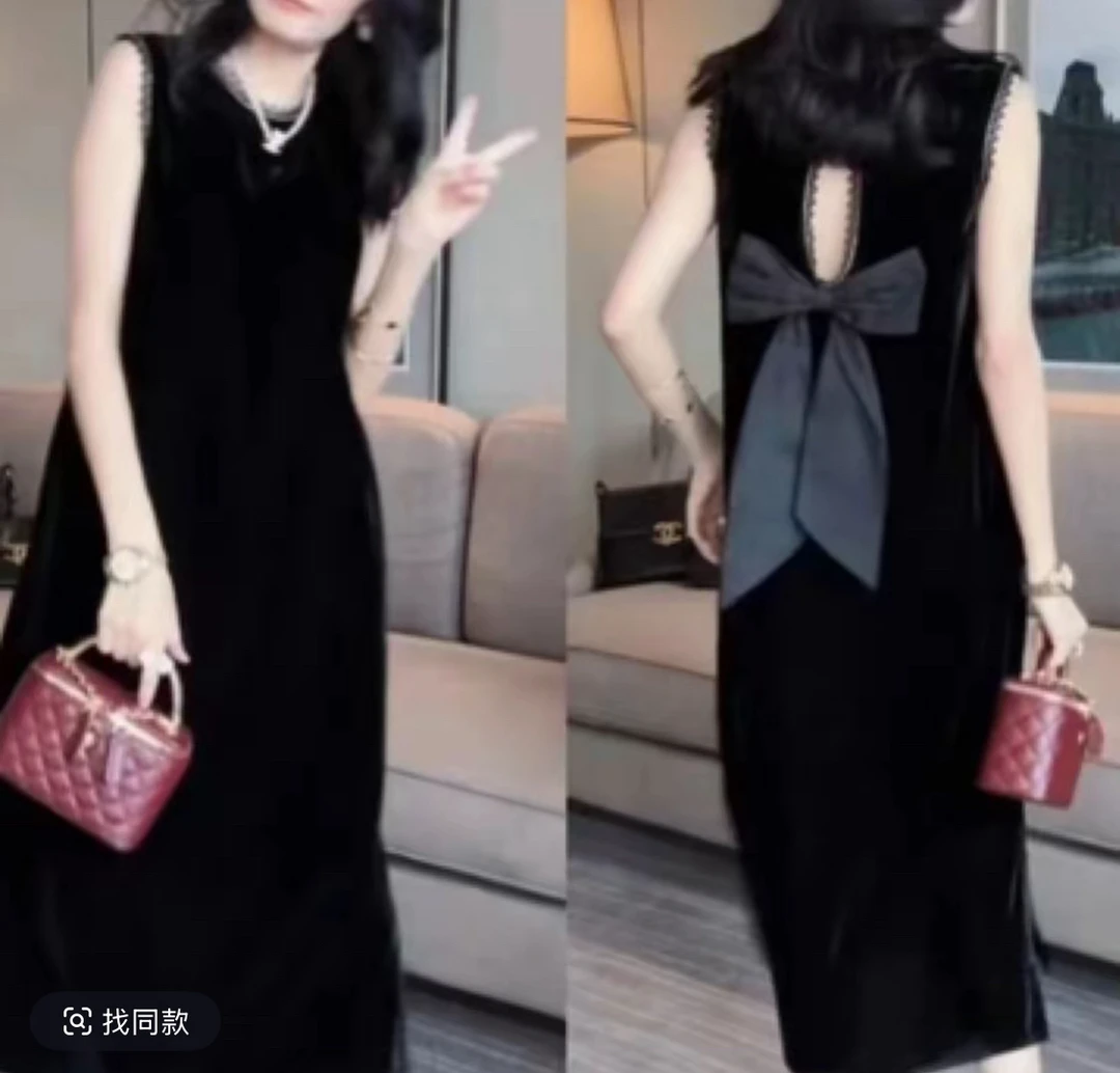 2025夏季新款黑色高级丝绒气质连衣裙法式时尚无袖显瘦简约长裙女