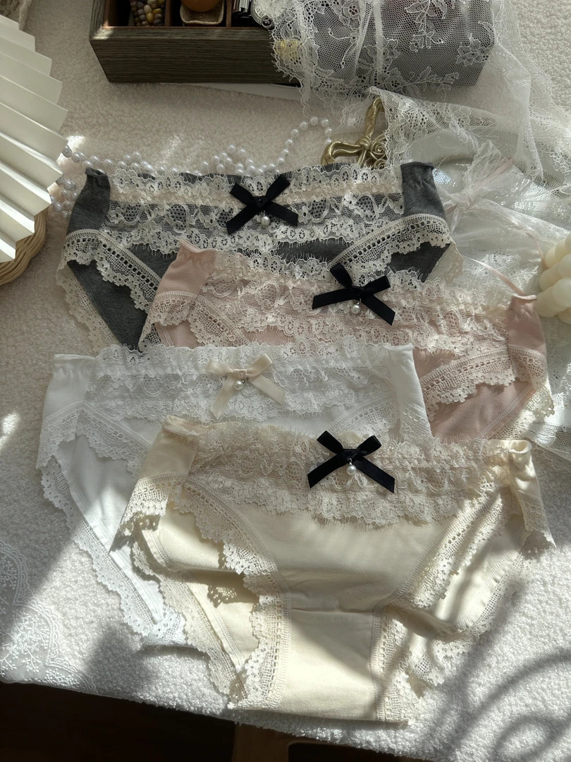纯色蝴蝶结低腰公主风三角裤女三角内裤蕾丝花边透气薄款
