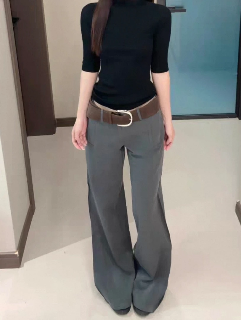 燃燃家欧美辣妹低腰西装裤配腰带显瘦修身垂感休闲直筒裤阔腿裤女