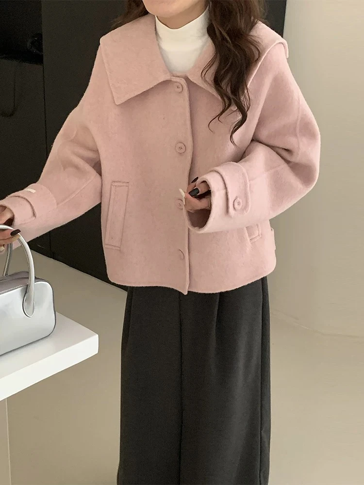 2025减龄气质双面羊毛大衣女短款海军领小个子羊毛呢外套米白韩版