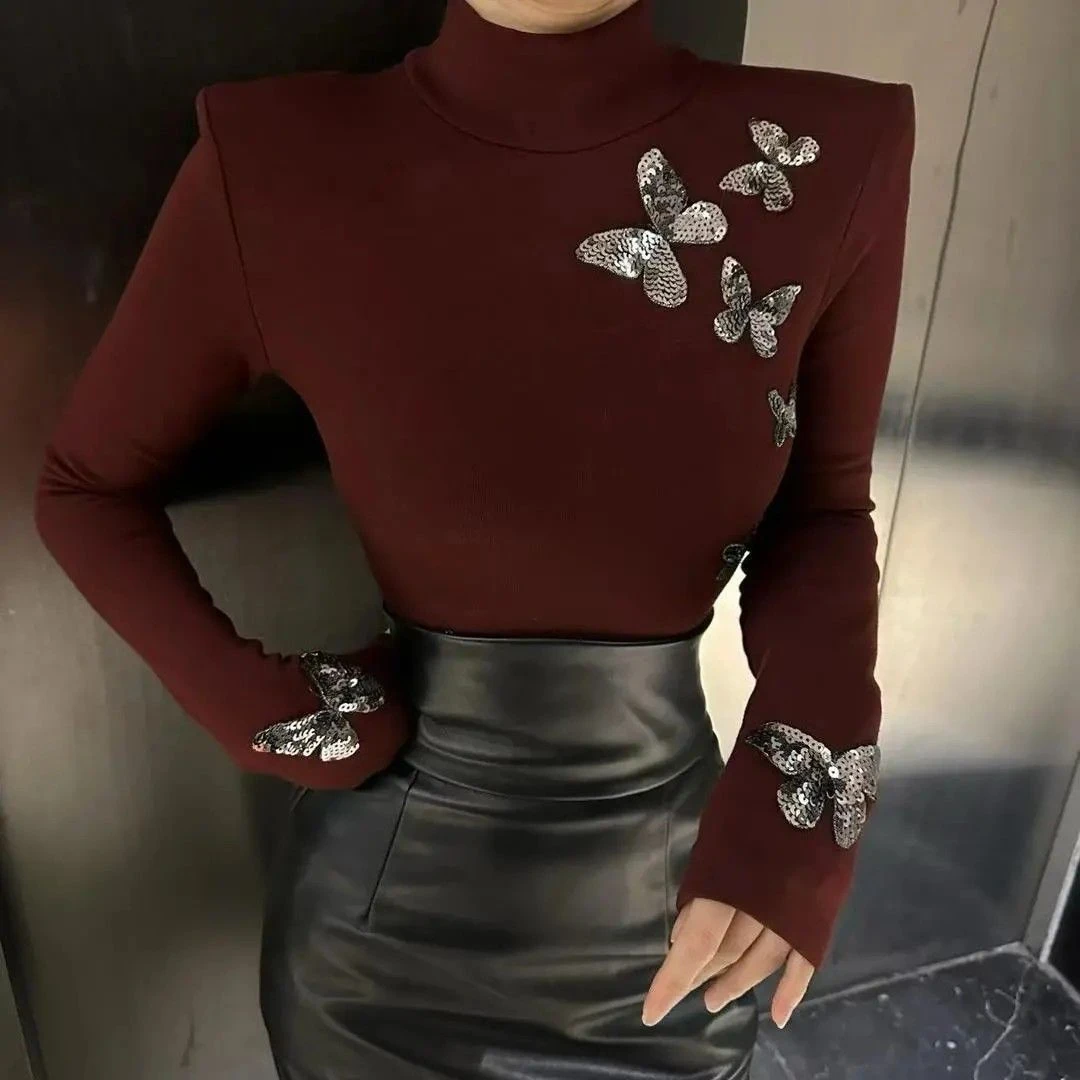 法式新款时尚修身显瘦轻奢风蝴蝶活力感黑色显气质高领小衫