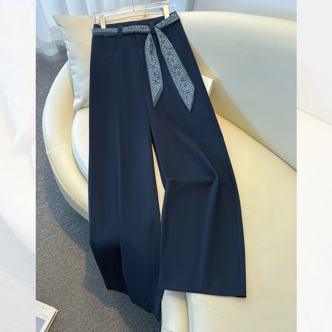 洋气藏青色阔腿裤女春秋季2025新款丝巾腰带垂感九分裤显瘦直筒裤