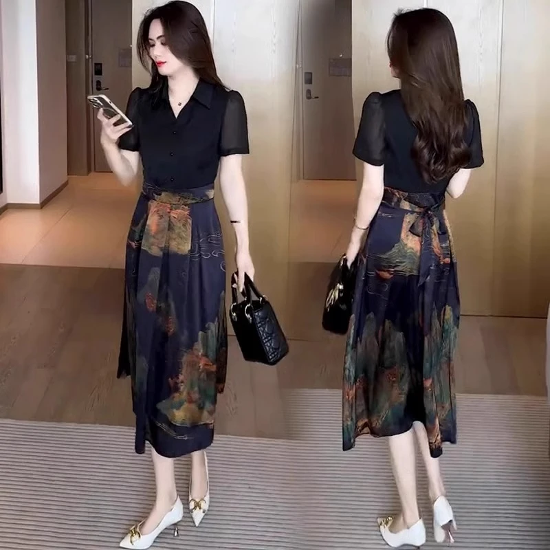 La babite 复古中国风两件套连衣裙2025夏季新款短袖v领显瘦套装