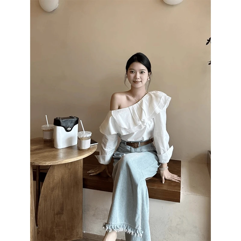 2025秋季韩系爆款穿搭一整套小众荷叶边衬衫高腰流苏阔腿裤两件套