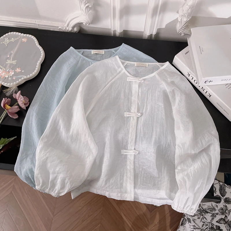 80864女童圆领长袖防晒衬衫女2025夏季新款国风盘扣薄款衬衣外套