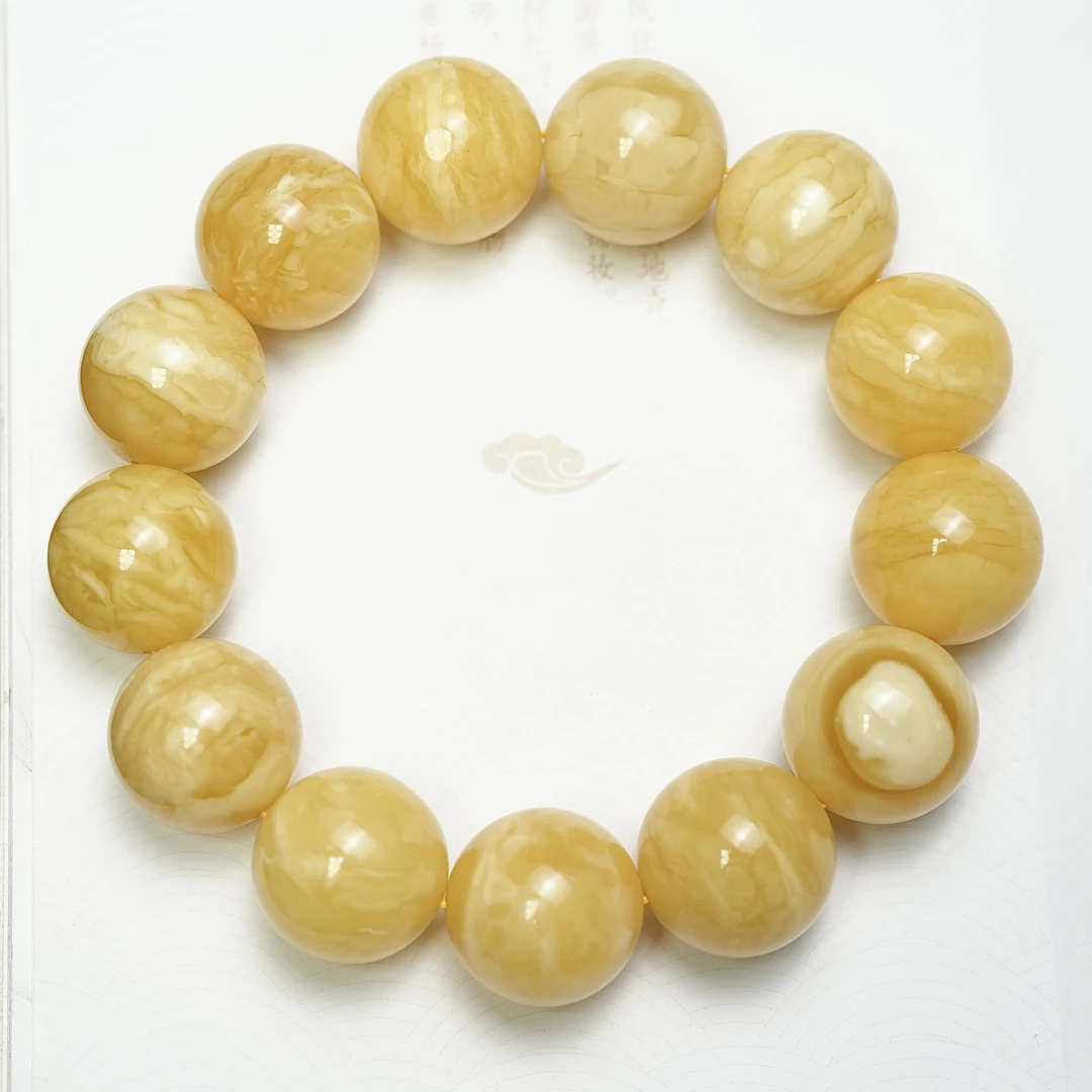 石膏浓虎皮蜜蜡手串男士19+mm俄料妖白花天眼溶洞真品纯天然100%