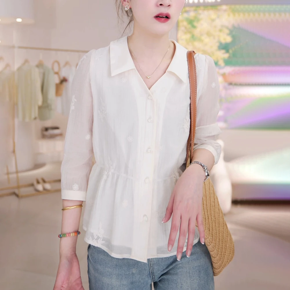 雪纺休闲衬衫女夏季2025宽松显瘦减龄洋气遮肚子收腰提花小衫上衣