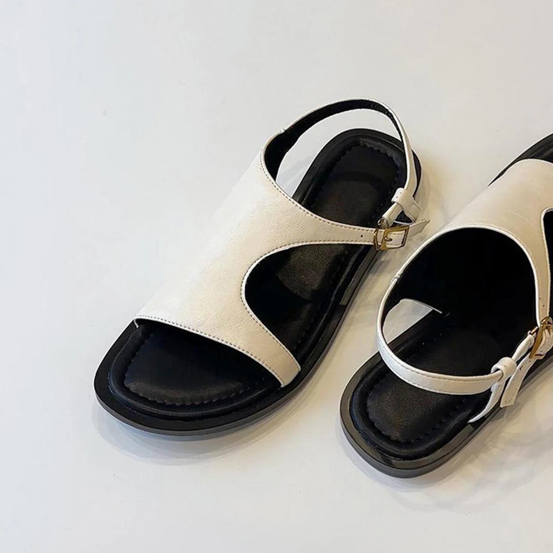羊皮版~平底通勤罗马鞋女复古简约真皮一字扣圆头百搭踩屎感凉鞋