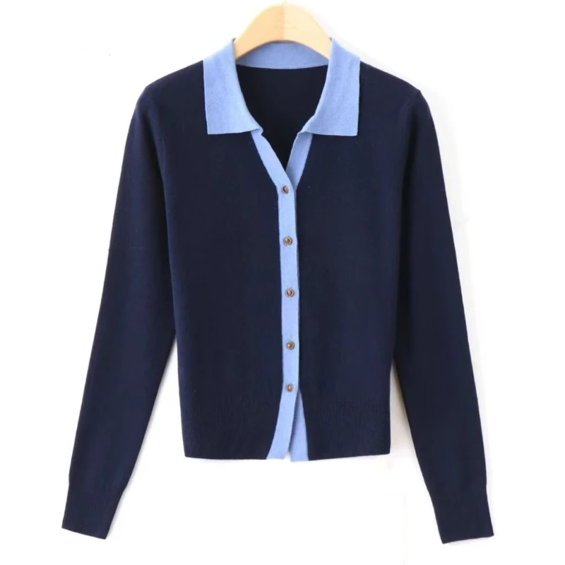 V3法式高级感拼色翻领针织衫女春秋季新款小香风洋气显瘦百搭上衣