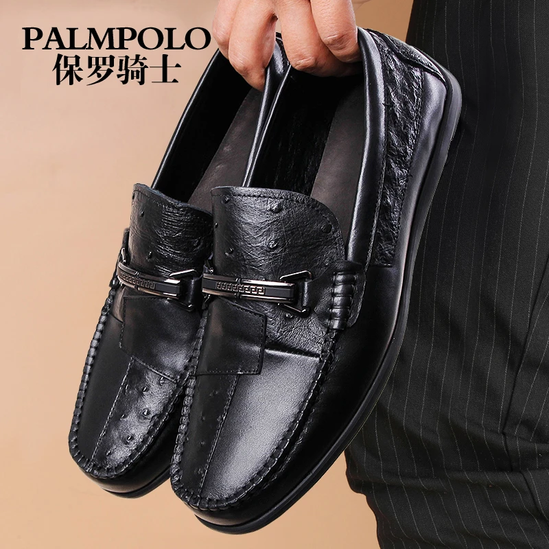 保罗骑士男鞋秋季新款商务休闲皮鞋头层牛皮拼接鸵鸟皮乐福鞋男款