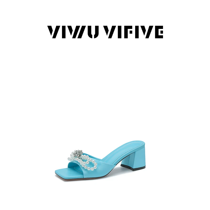 V5 VIWU.VIFIVE「蓝宁·拖」25夏欧若风新款百搭珍珠蒂芙尼蓝一字拖