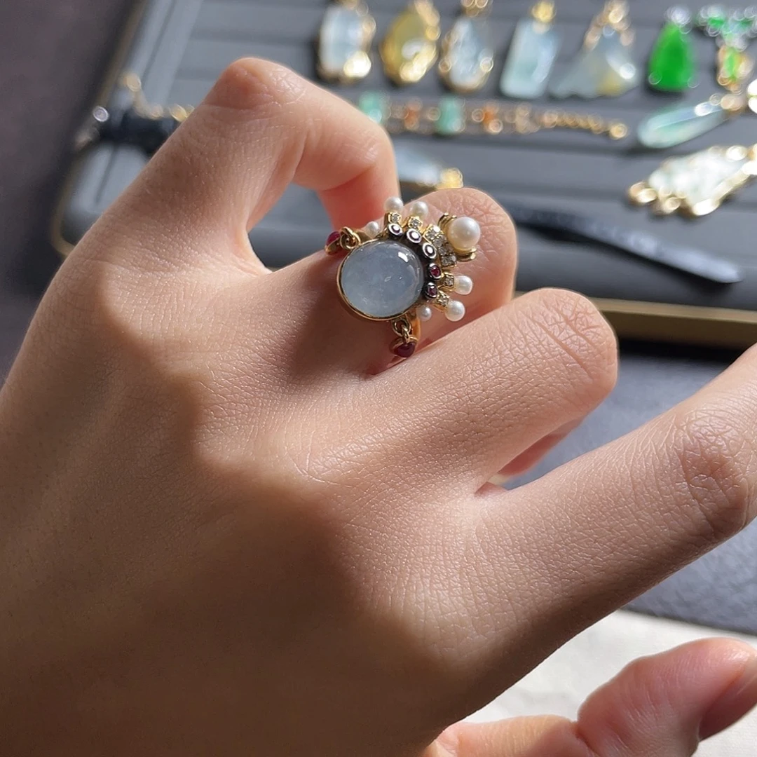 翡翠18K金镶嵌戒指花旦戒指 48小时鉴赏