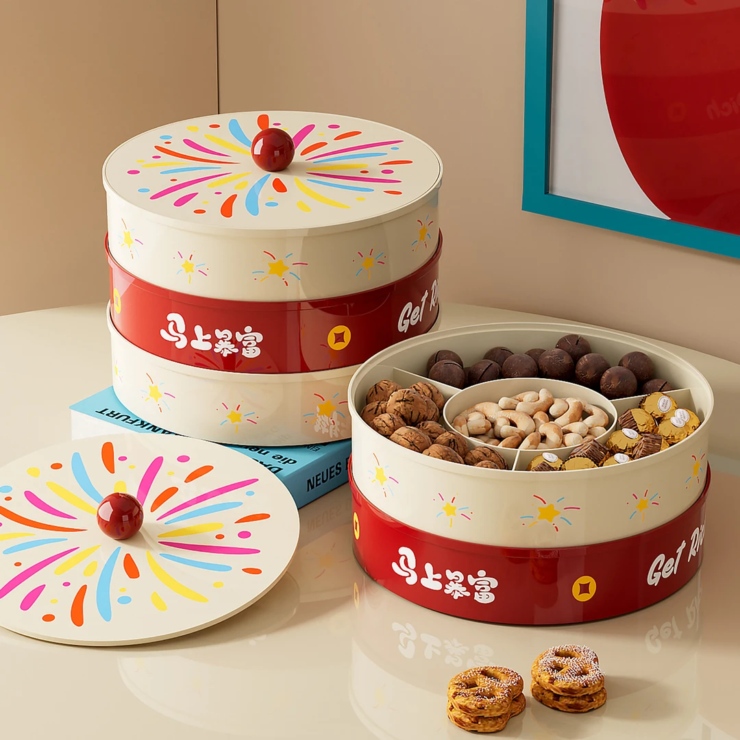 烟花果盘喜庆糖果盒喜事坚果干果分格收纳盒带盖家用新年乔迁用