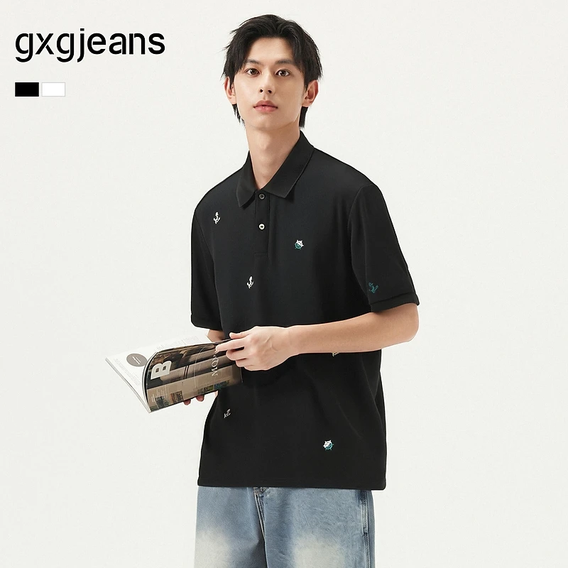 gxg.jeans男装 多色满身刺绣休闲时尚通勤翻领短袖polo衫25夏新品
