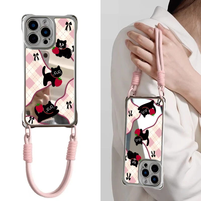 草莓黑猫ins风电镀镜面四角挂绳适用苹果16pro华为vivo手机壳