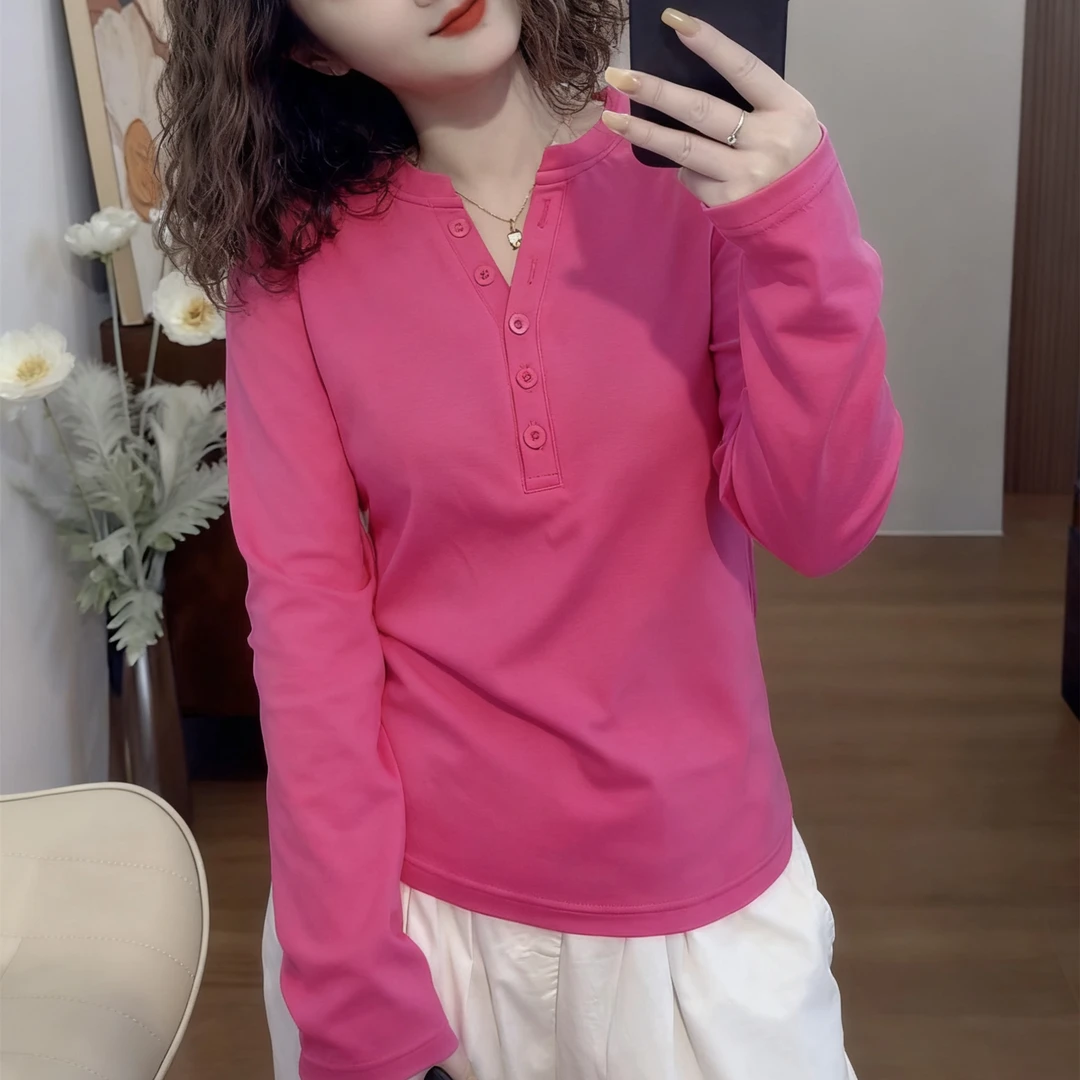 简约风设计感简约款秋冬季女纯色长袖松纽扣V领休闲显瘦T恤上衣潮