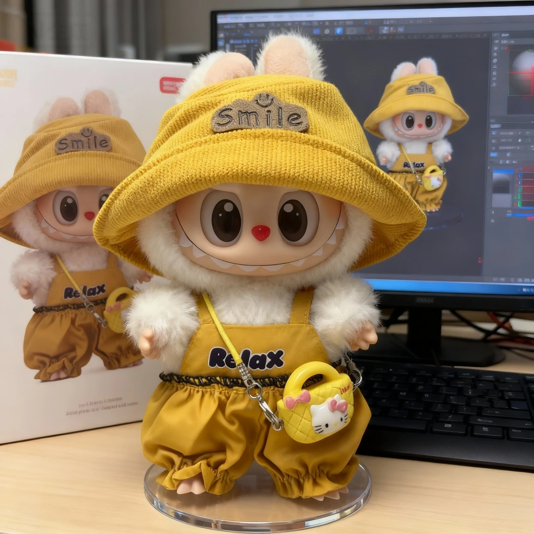 17厘米labubu娃衣适用一代二代三代拉布布衣服替换装渔夫帽背带裤