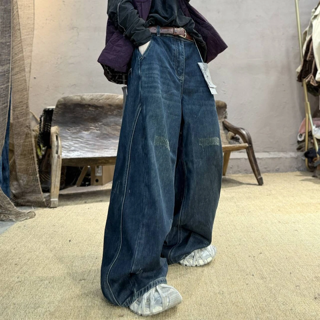 252512忆古朴拙秋冬纯棉慵懒风宽松牛仔裤复古磨毛减龄休闲长裤