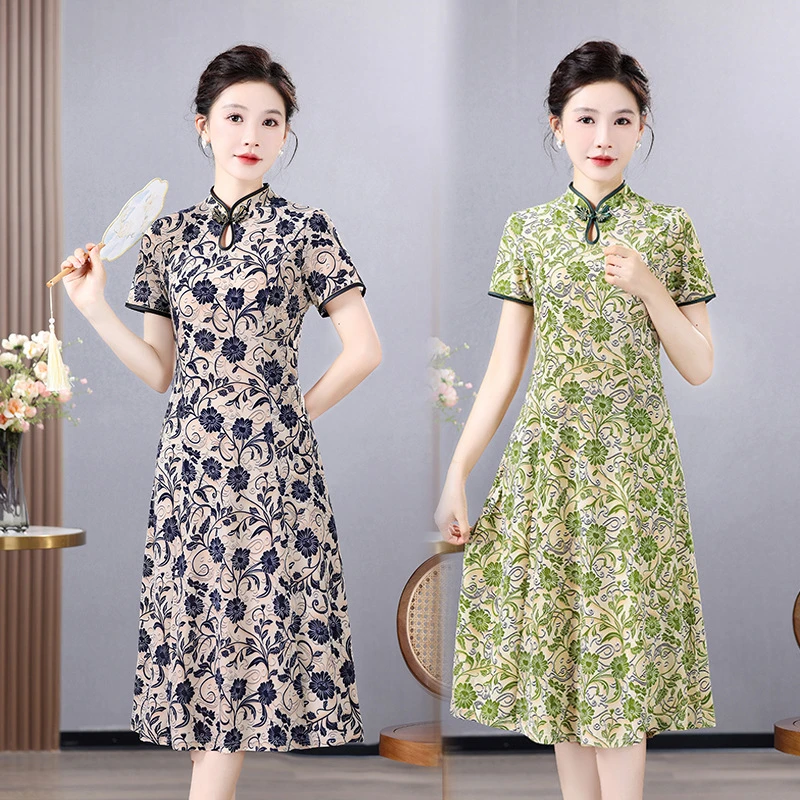 2025夏季妈妈装复古改良旗袍中长款印花连衣裙新款修身显瘦裙子