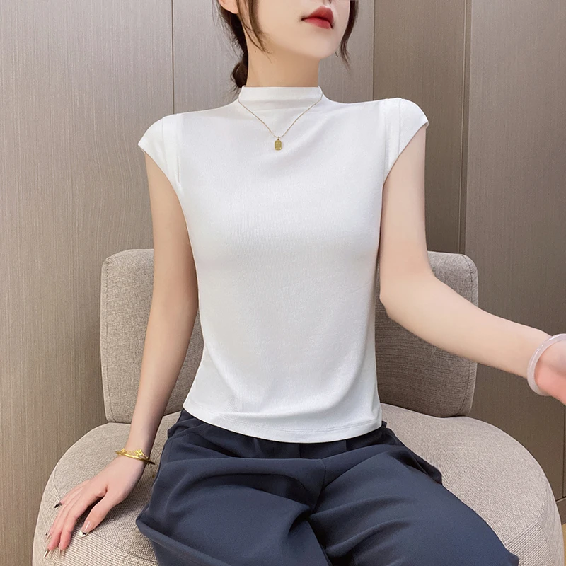 韩系网红纯色正肩半高领飞袖T恤2025夏季新款小众修身女背心上衣