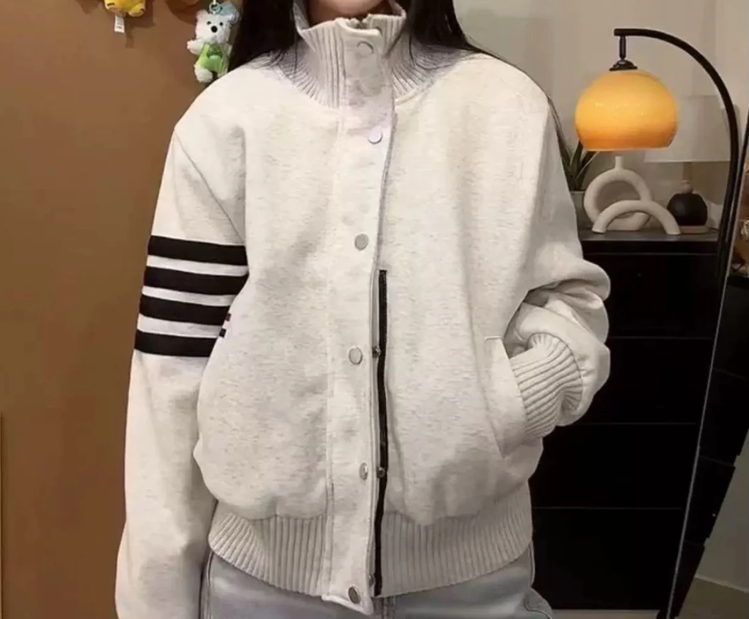 美式潮牌立领拼接四条杠外套女春季新款休闲夹克卫衣