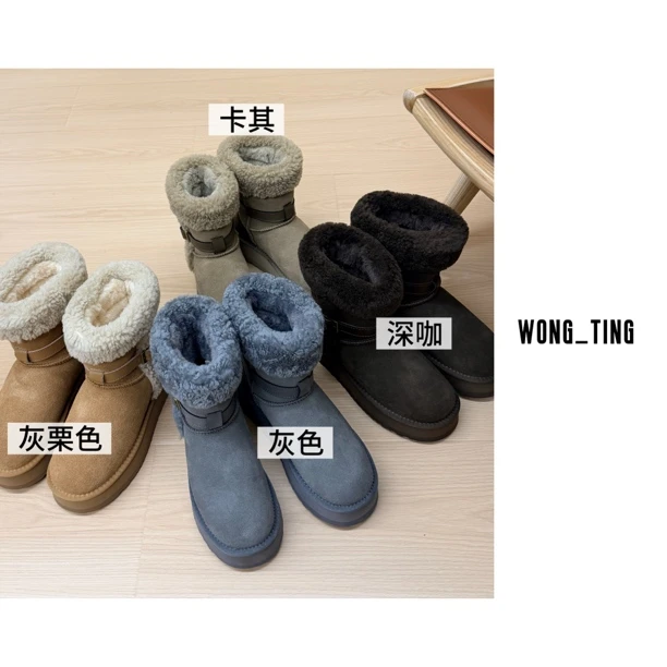 wong_ting小众设计师五色皮带扣百搭中筒全羊厚底雪地靴9180